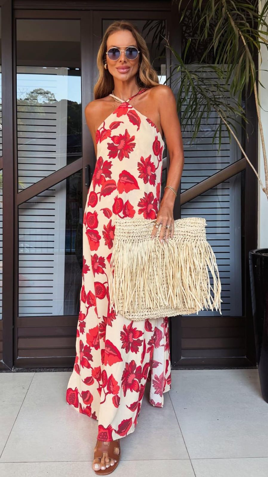 Vestido Noronha Floral Nude/Vermelho Vestido Noronha Floral Nude/Vermelho