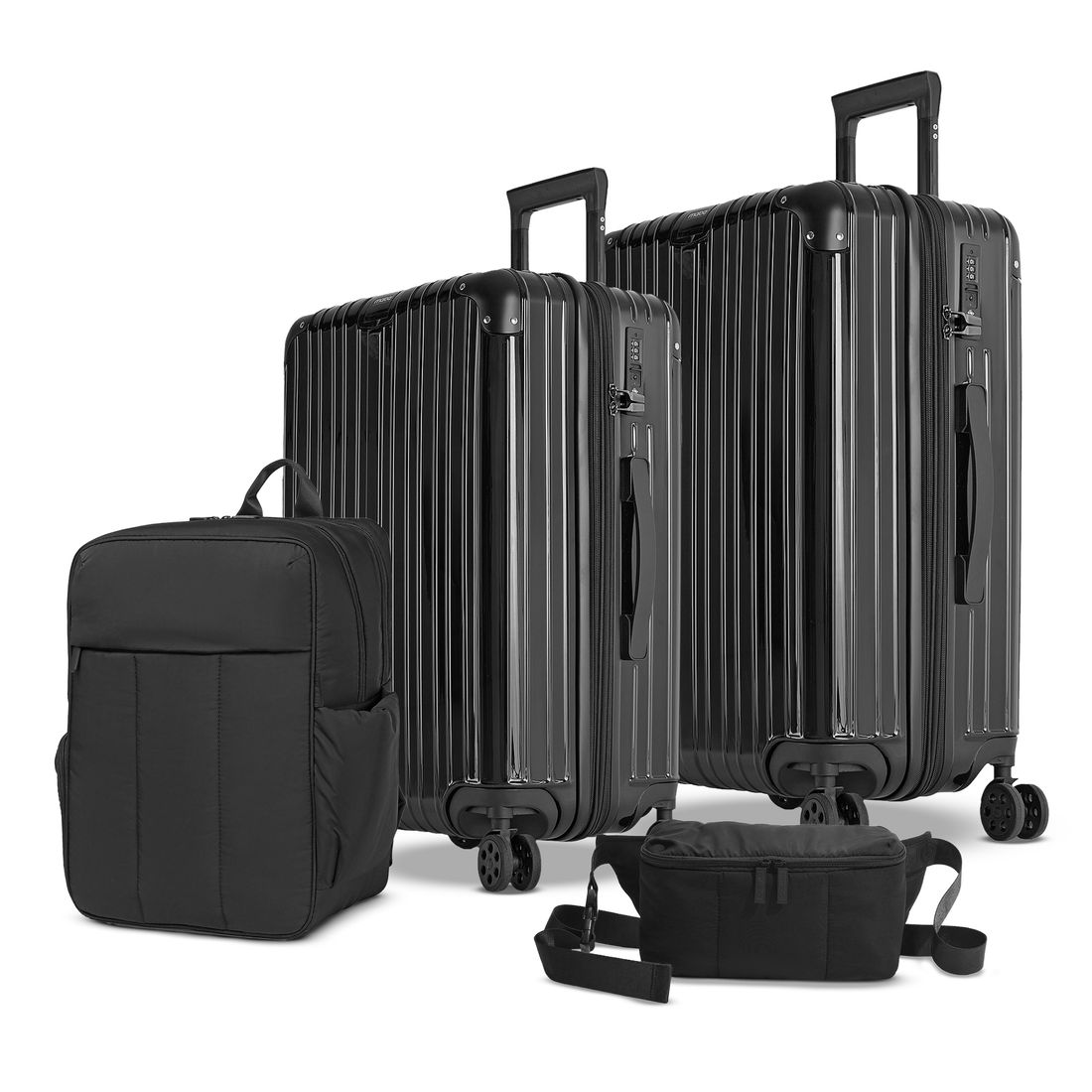 Kit de Mala Media 23 kg e Grande 32 kg Brasil Preto, Mochila e Pochete Confort Preto