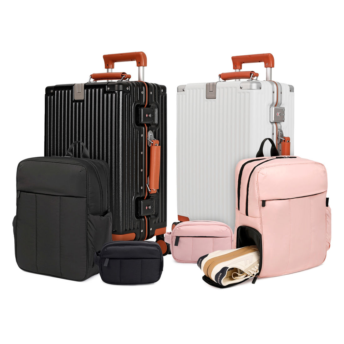 Kit de Mala Pequena de Bordo, Necessaire Confort Preta e Rosa com Mochila Confort Preta e Rosa