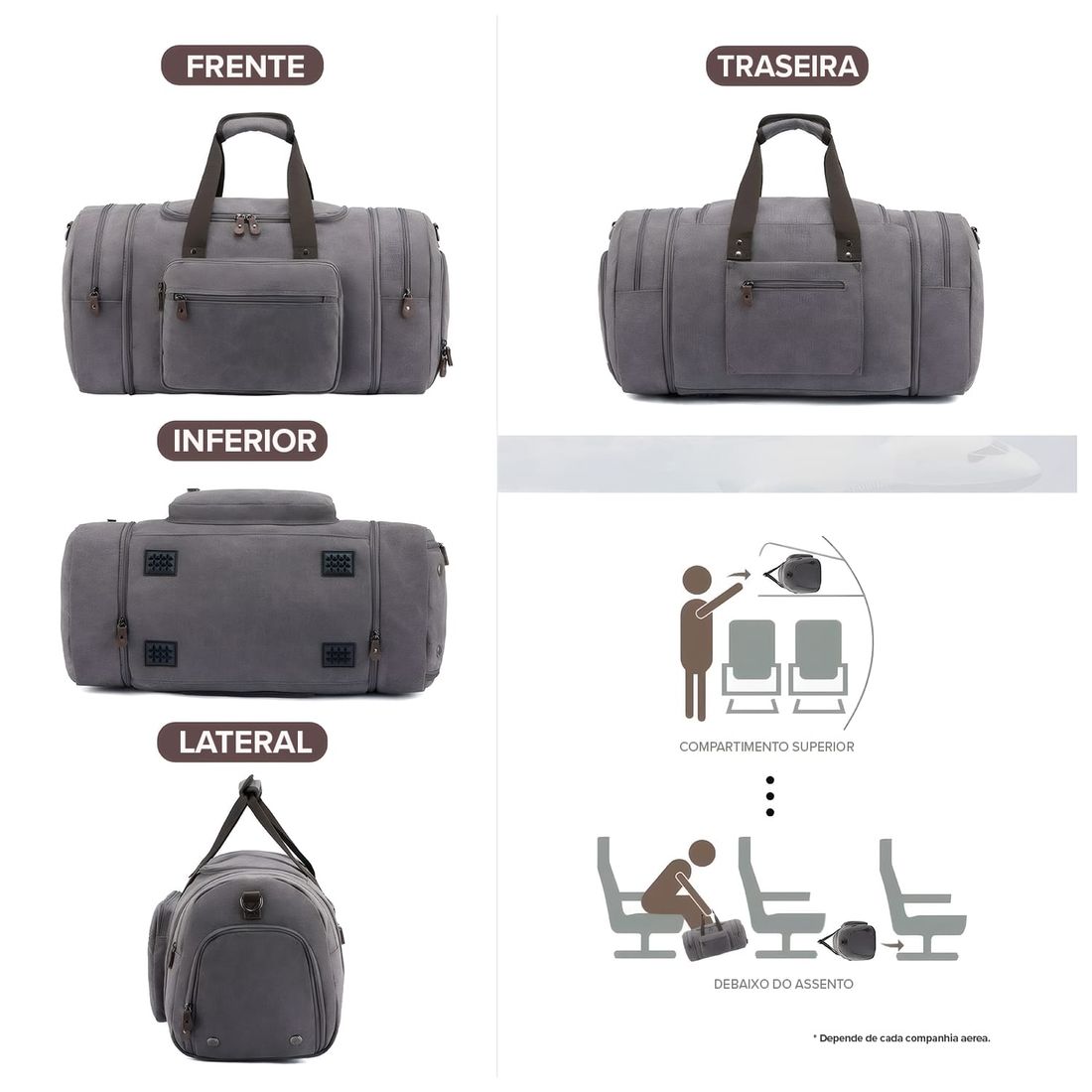 Bolsa de Viagem com Expansor Canvas Duffel Bags Cinza Bolsa de Viagem com Expansor Canvas Duffel Bags Cinza