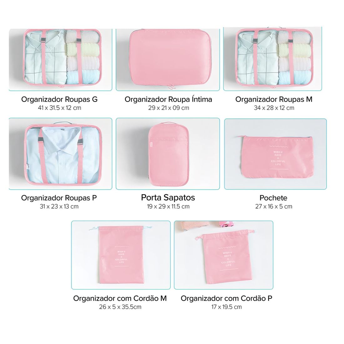 Kit de Mala Pequena de Bordo 10 kg Bélgica Rosa, Kit Frascos 7 Pecas, Organizador Sapato, Organizador Colorful Life e Home Spray Aroma`loa