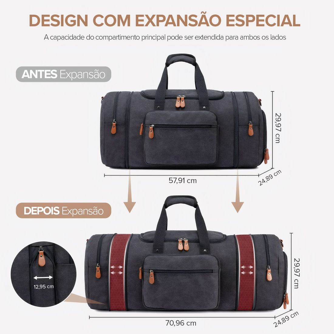 Bolsa de Viagem com Expansor Canvas Duffel Bags Chumbo Bolsa de Viagem com Expansor Canvas Duffel Bags Chumbo
