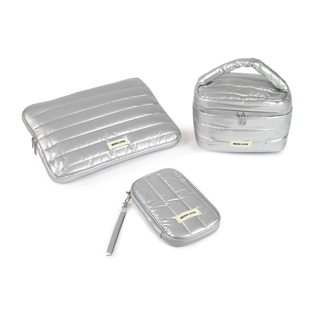 Kit de Acessórios Multifuncional com Necessaire, Porta Passaporte e Porta Notebook 14 Polegadas Puffer Maloa Prata