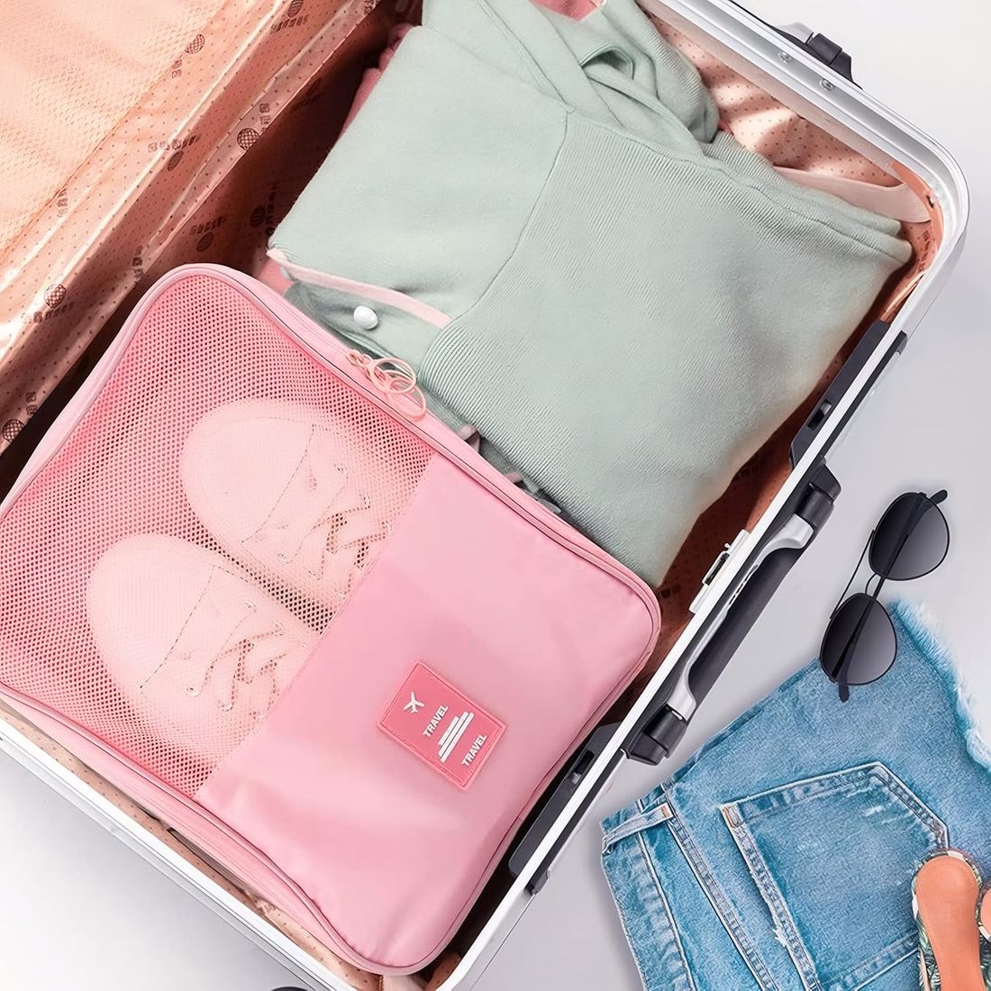 Kit Frasqueira Ibiza Rosa, Kit Frasco 7 Peças e Organizador Porta Sapato Rosa Kit Frasqueira Ibiza Rosa, Kit Frasco 7 Peças e Organizador Porta Sapato Rosa