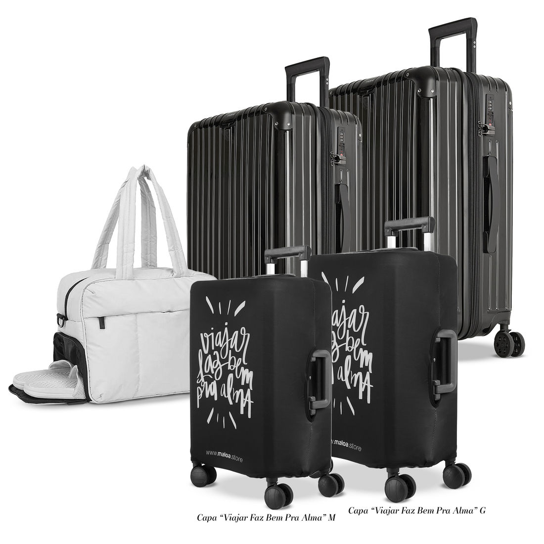 Kit de Mala Media 23 kg e Grande 32 kg, Bolsa Confort Branca e 2 Capa Viajar Faz Bem M e G Preto Kit de Mala Media 23 kg e Grande 32 kg, Bolsa Confort Branca e 2 Capa Viajar Faz Bem M e G Preto