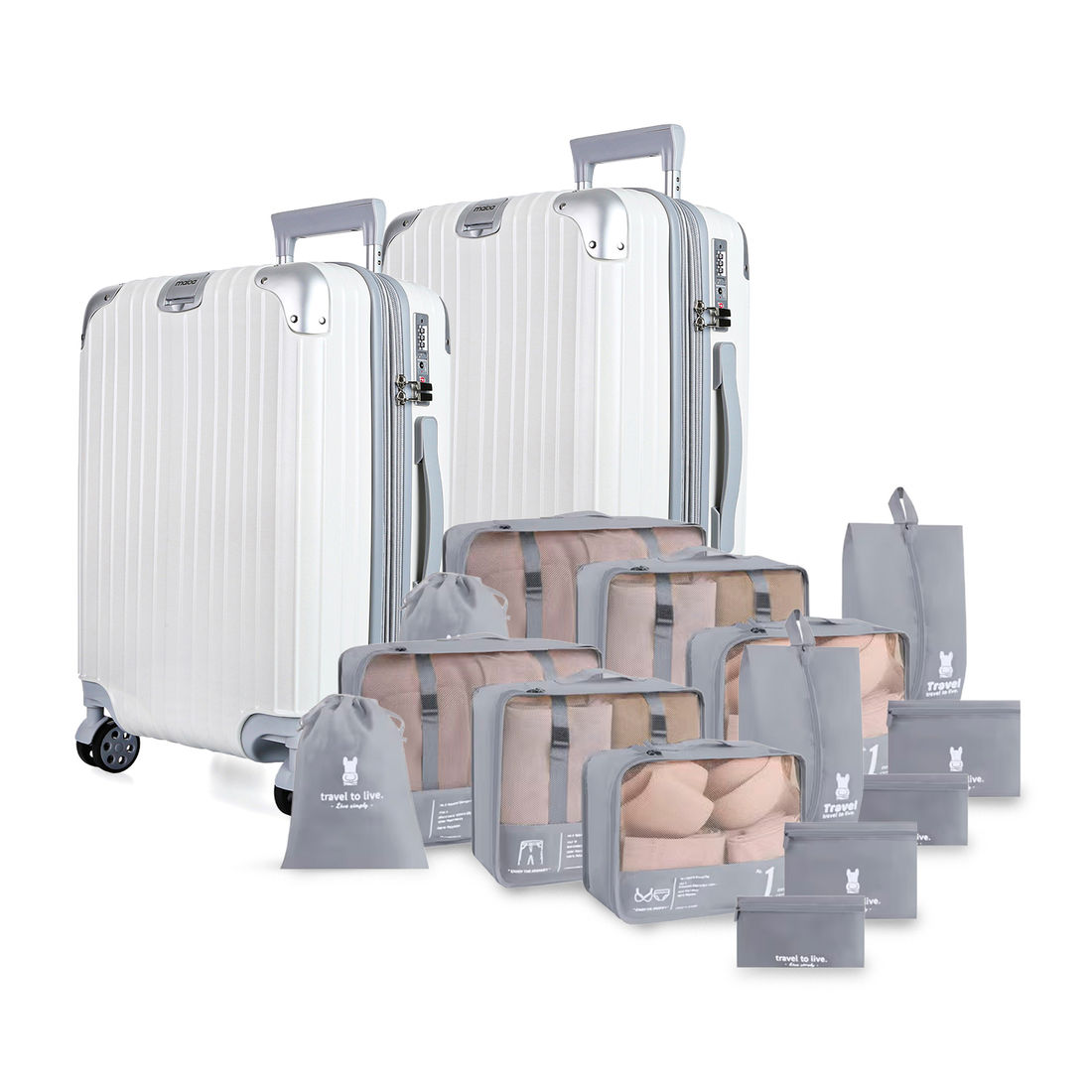 Kit Mala de Bordo 10kg e 23kg  Brasil Maloa Branco PC e ABS com 2 Kits Organizadores Travel To Live Cinza