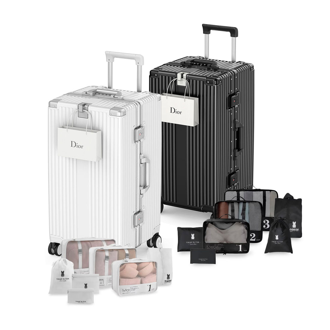 Kit Malas de Viagem 32kg Holanda Bau Maloa Branco e Preto com 2 Kits Organizadores Branco e Preto