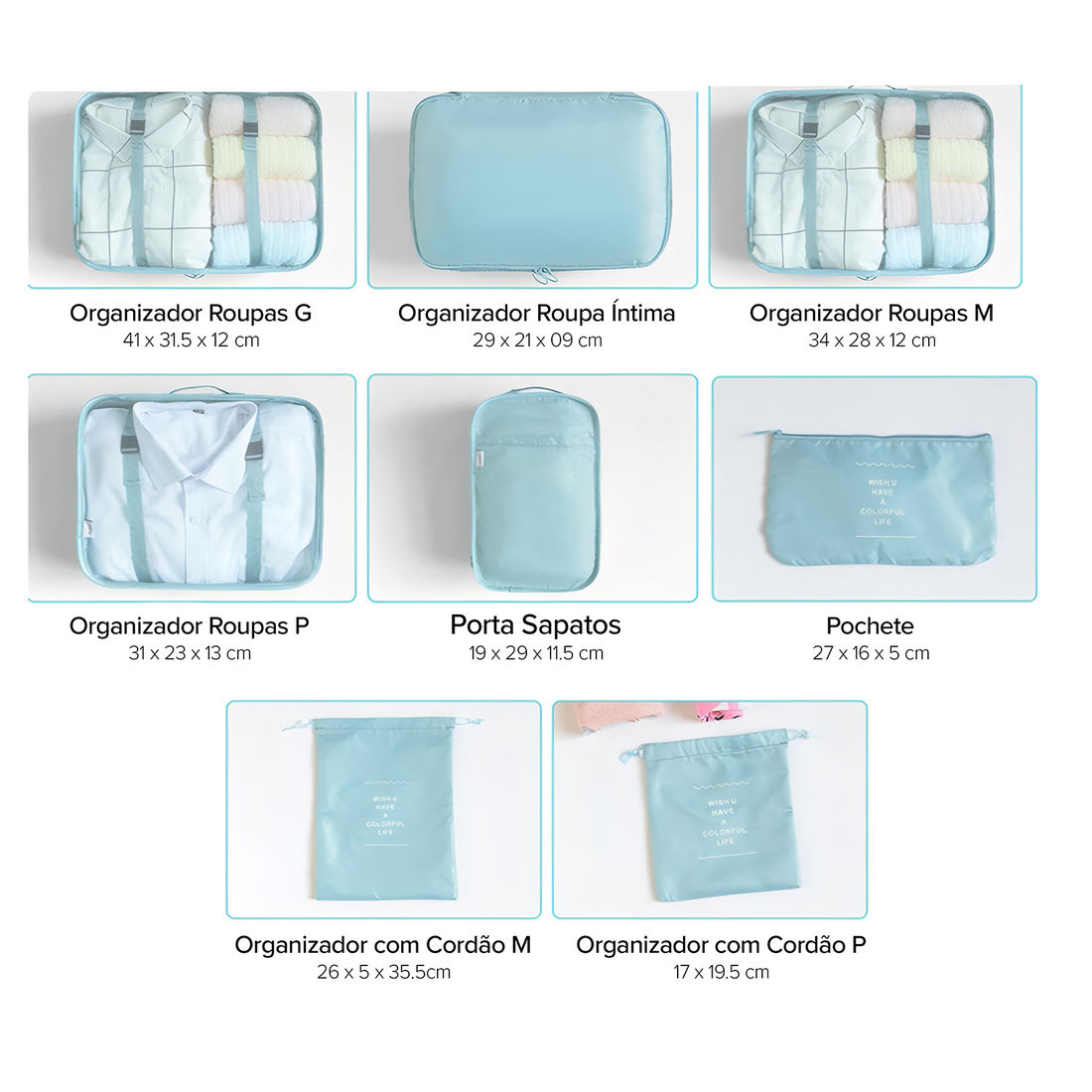 Kit Organizador Colorful Life, Organizador Porta Sapato Turquesa e Kit Frasco 9 Peças Celeste