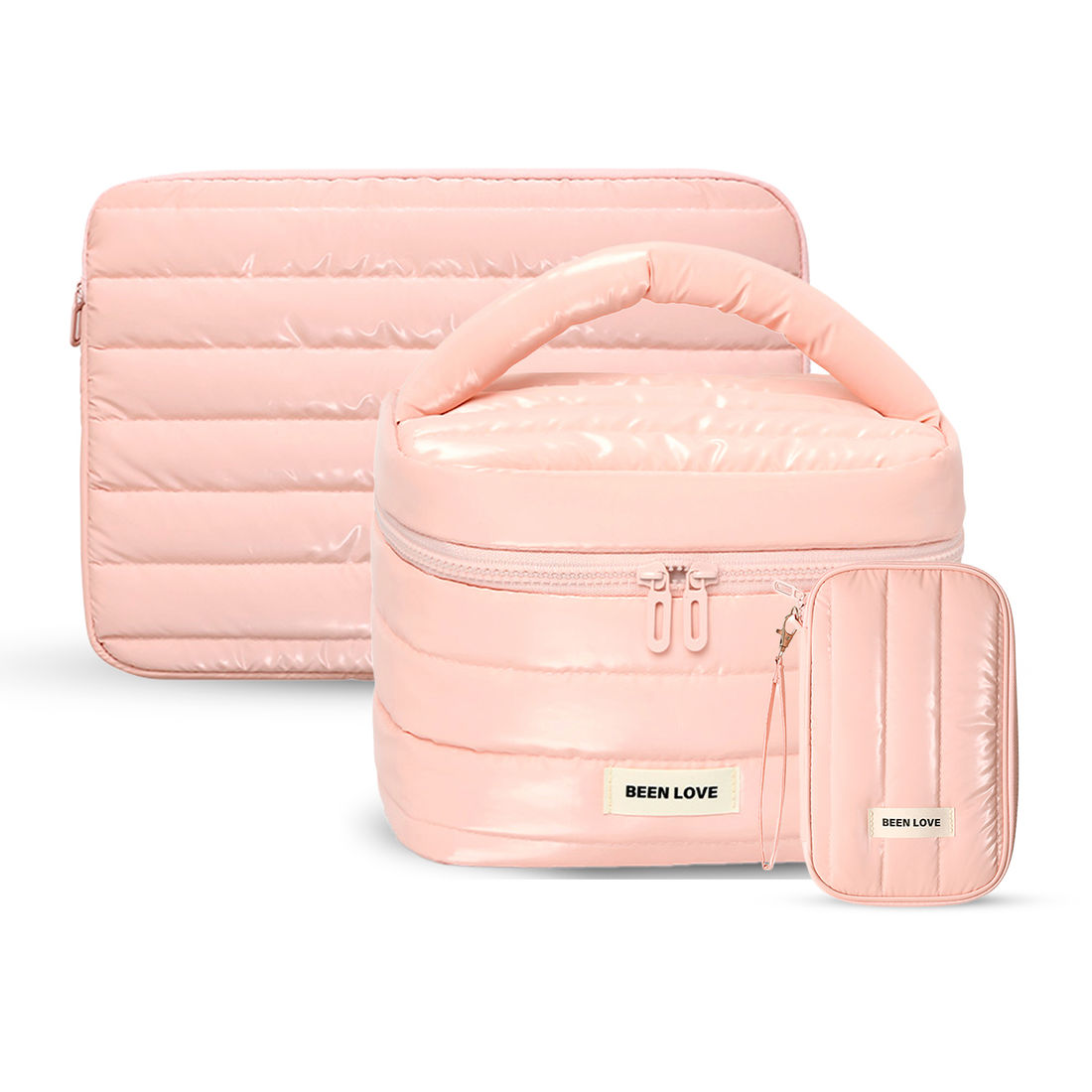 Kit de Acessórios Multifuncional com Necessaire, Porta Passaporte e Porta Notebook 14 Polegadas Puffer Maloa Rosa