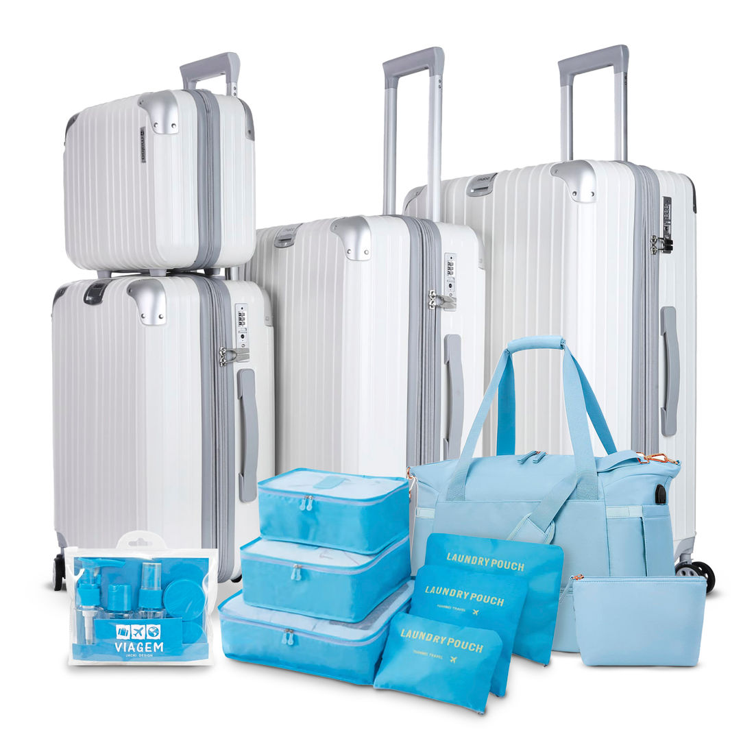 Kit Completo Brasil Branco, Kit Frasco 7 Pecas, Bolsa Journey e Kit Organizador Laundry Azul