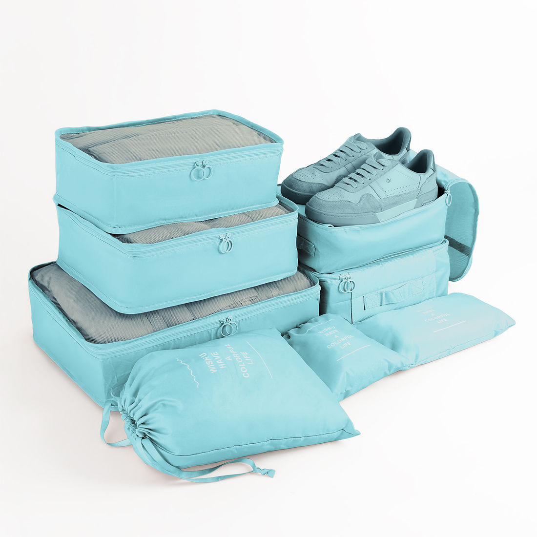 Kit Organizador Colorful Life, Organizador Porta Sapato Turquesa e Kit Frasco 9 Peças Celeste