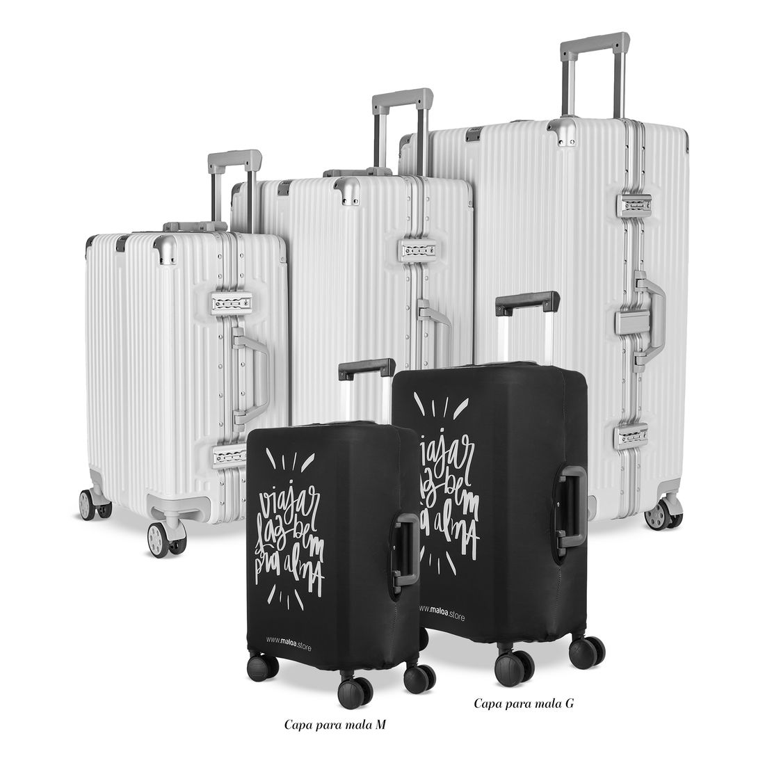 Kit de Malas com 3 Peças Noruega Branco e 1 Capa M de Mala Maloa Preto e 1 Capa G Viajar Faz Bem Kit de Malas com 3 Peças Noruega Branco e 1 Capa M de Mala Maloa Preto e 1 Capa G Viajar Faz Bem