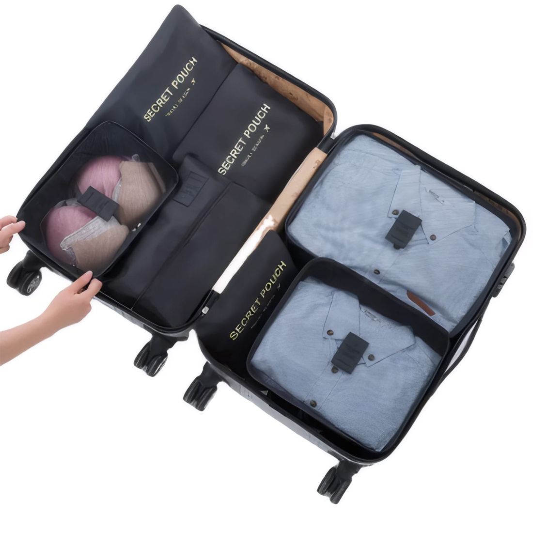 Kit de Mala Pequena 10 kg Holanda Preto e Branco com Organizador de Mala Laundry Pouch Preto e Rosa