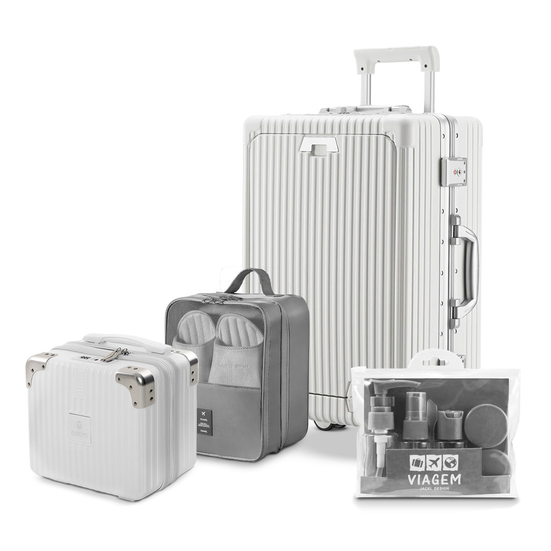 Kit de Mala Pequena de Bordo 10 kg Suécia Branco, Frasqueira Bali, Organizador Porta Sapato e Kit Frascos 7 Pcs Cinza