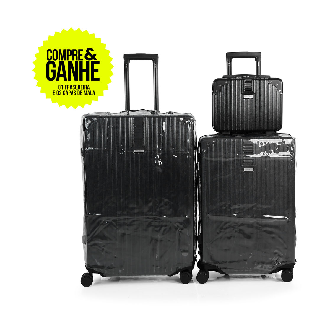 Compre Kit de Malas de Viagem Toronto Preto Media 23kg, Grande 32kg e Frasqueira e Leve 2 Capas Transparentes Preto
