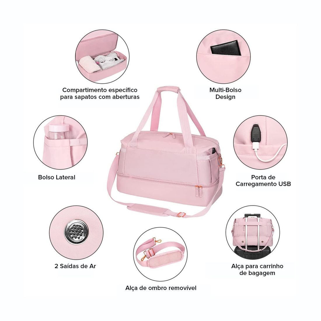 Kit Completo Brasil Branco, Kit Frasco 7 Pecas, Bolsa Journey e Kit Organizador Laundry Rosa