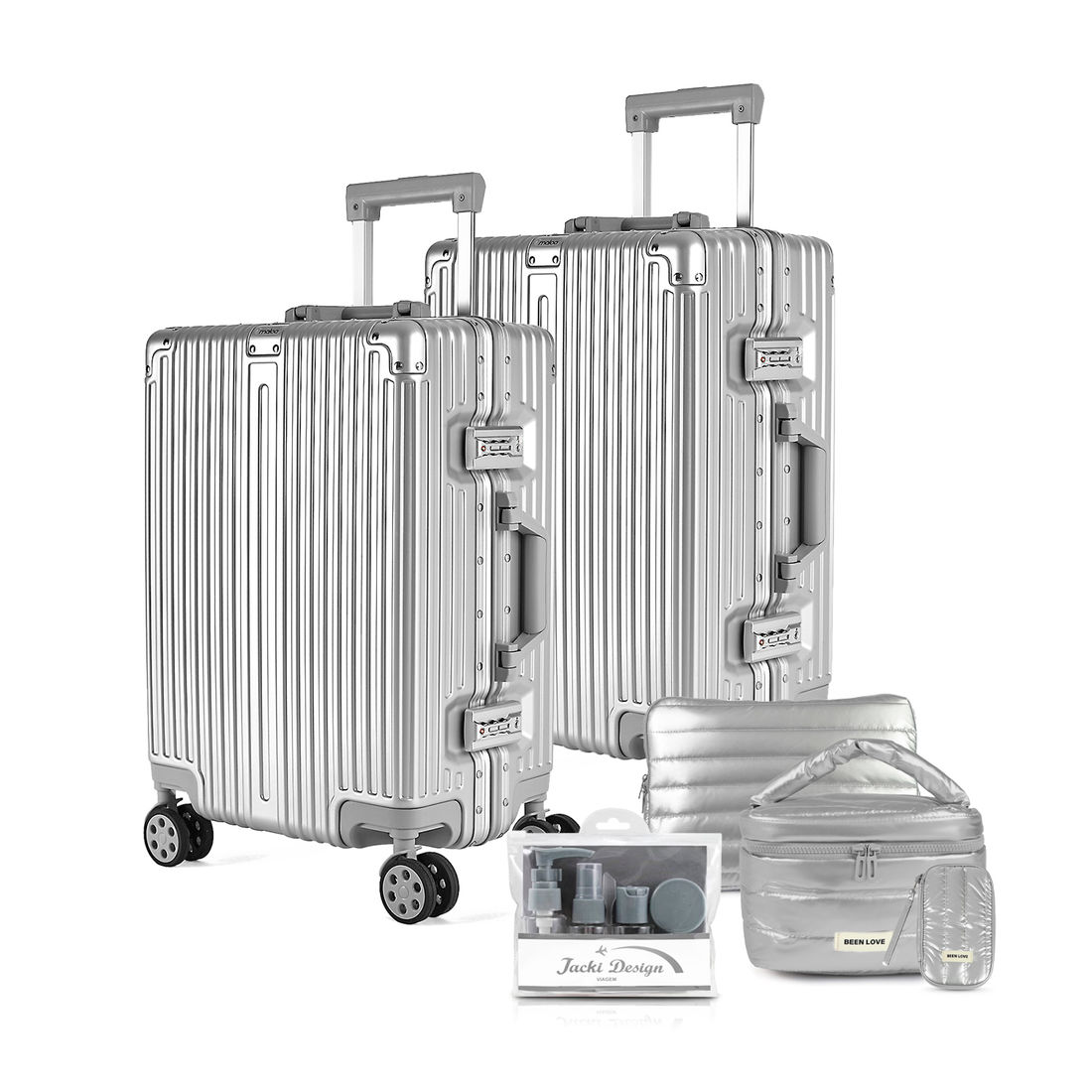 Kit Mala de Bordo 10kg e 23kg Noruega Maloa Prata  PC e ABS com  Kit Frasco 7 Peças Cinza e Kit Puffer Prata