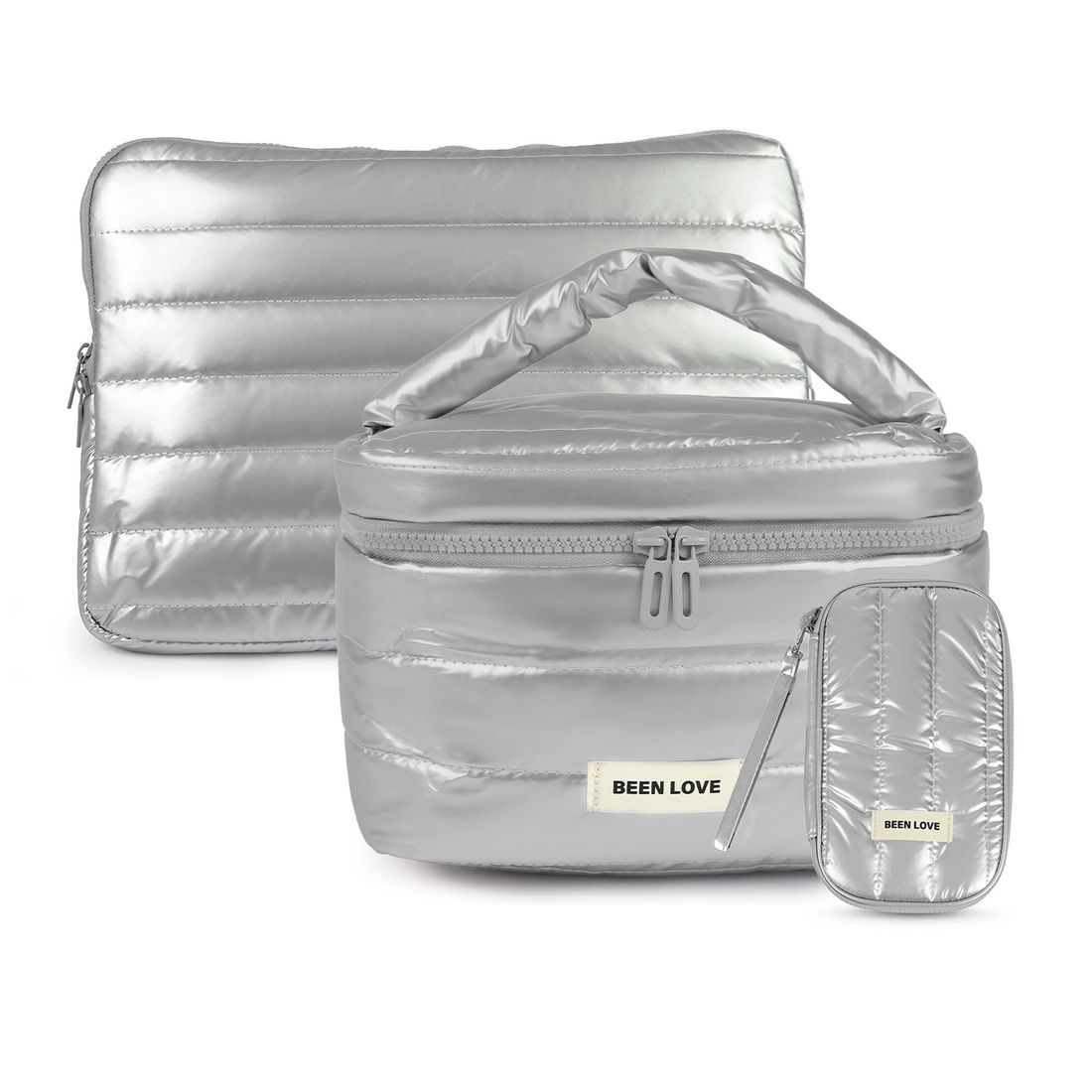 Kit de Acessórios Multifuncional com Necessaire, Porta Passaporte e Porta Notebook 14 Polegadas Puffer Maloa Prata