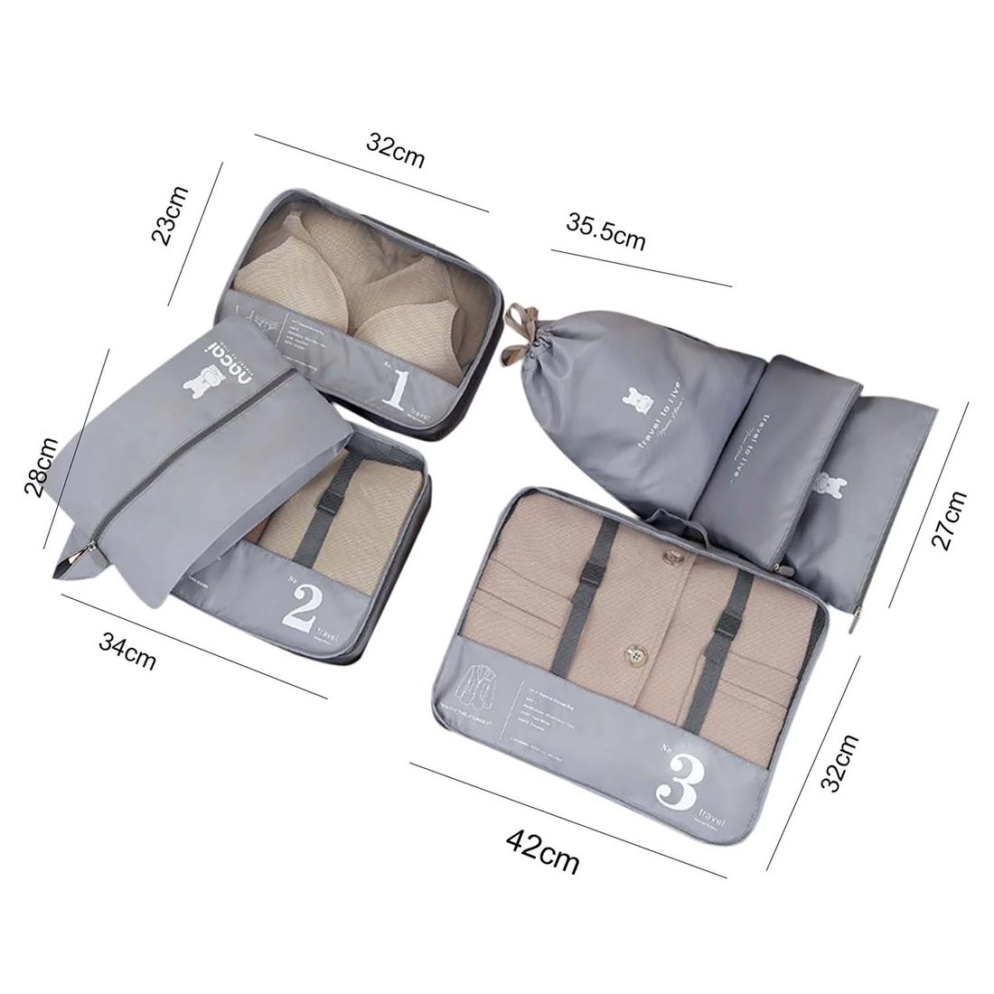 Kit Mala de Bordo 10kg e 23kg  Brasil Maloa Branco PC e ABS com 2 Kits Organizadores Travel To Live Cinza