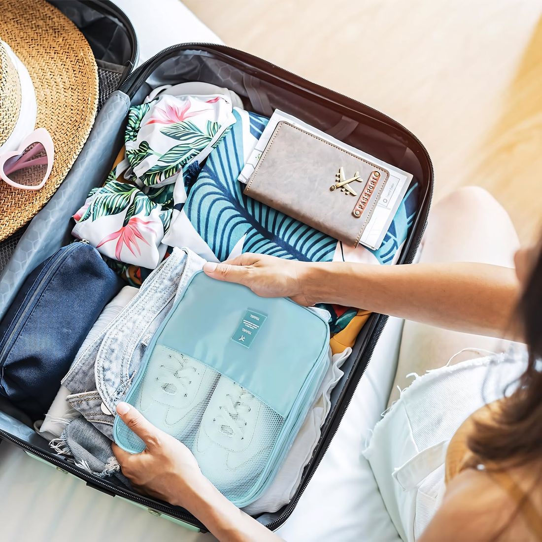 Kit Frasqueira Ibiza Azul, Kit Frasco 7 Peças e Organizador Porta Sapato Azul