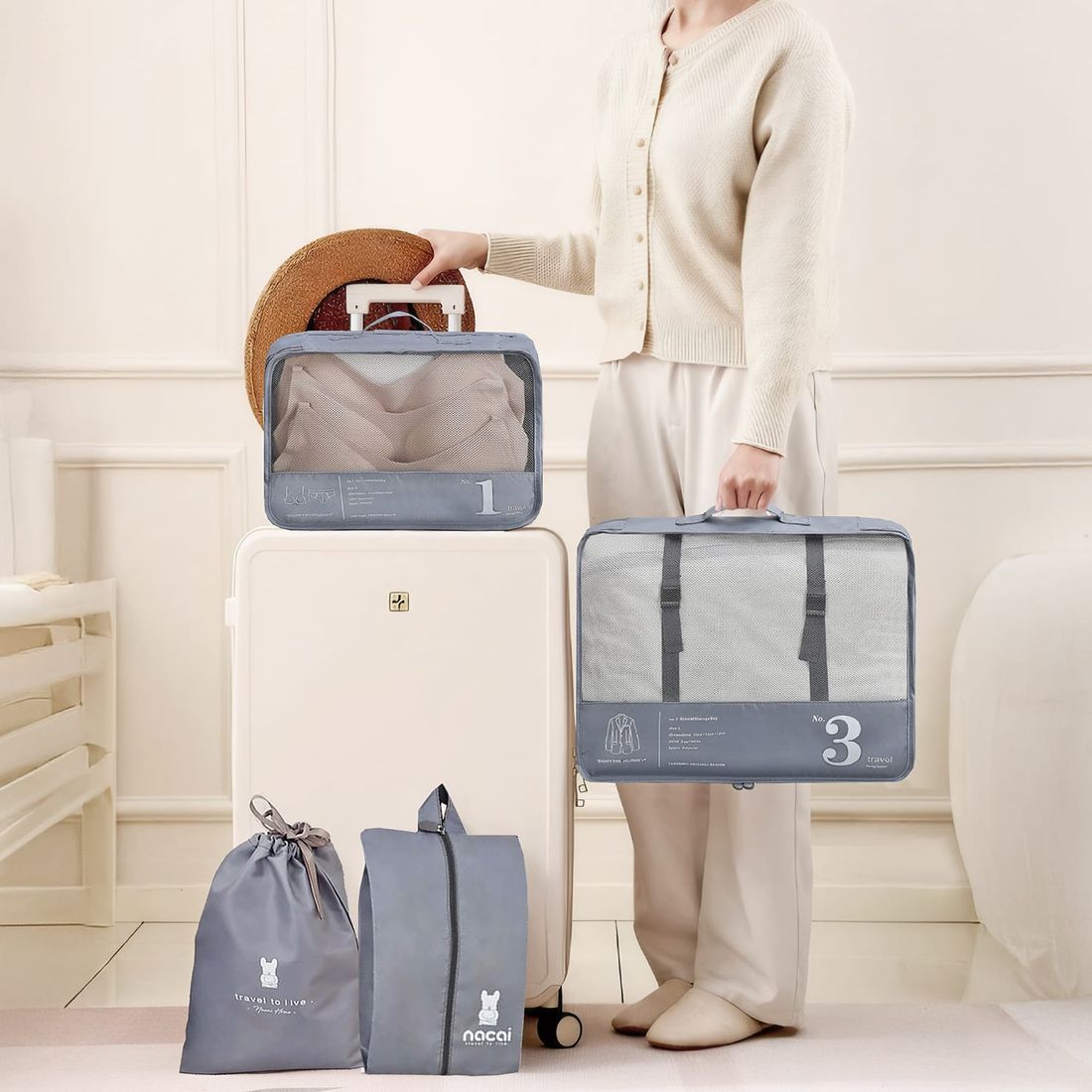 Kit de Mala Pequena de Bordo Brasil Preta e Prata, Tag de Couro Preta e Marrom e 2 Kits Organizadores Travel to Live