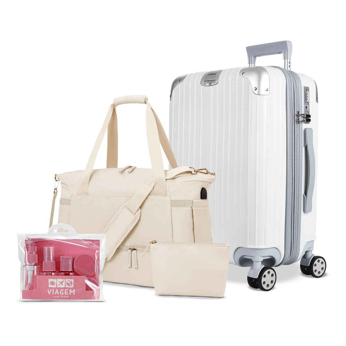 Kit de Mala Pequena de Bordo 10 kg Brasil Branco, Bolsa Journey Bege e Kit Frascos 7 Peças Rosa