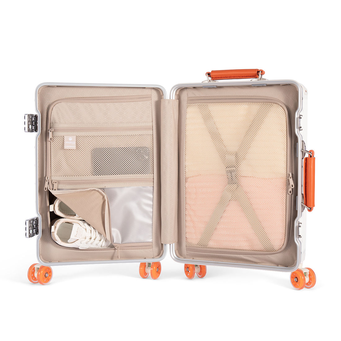 Kit Malas de Bordo 10kg Veneza Maloa Branco e Preto em Policarbonato com Kit Organizador 7 Peças Bege