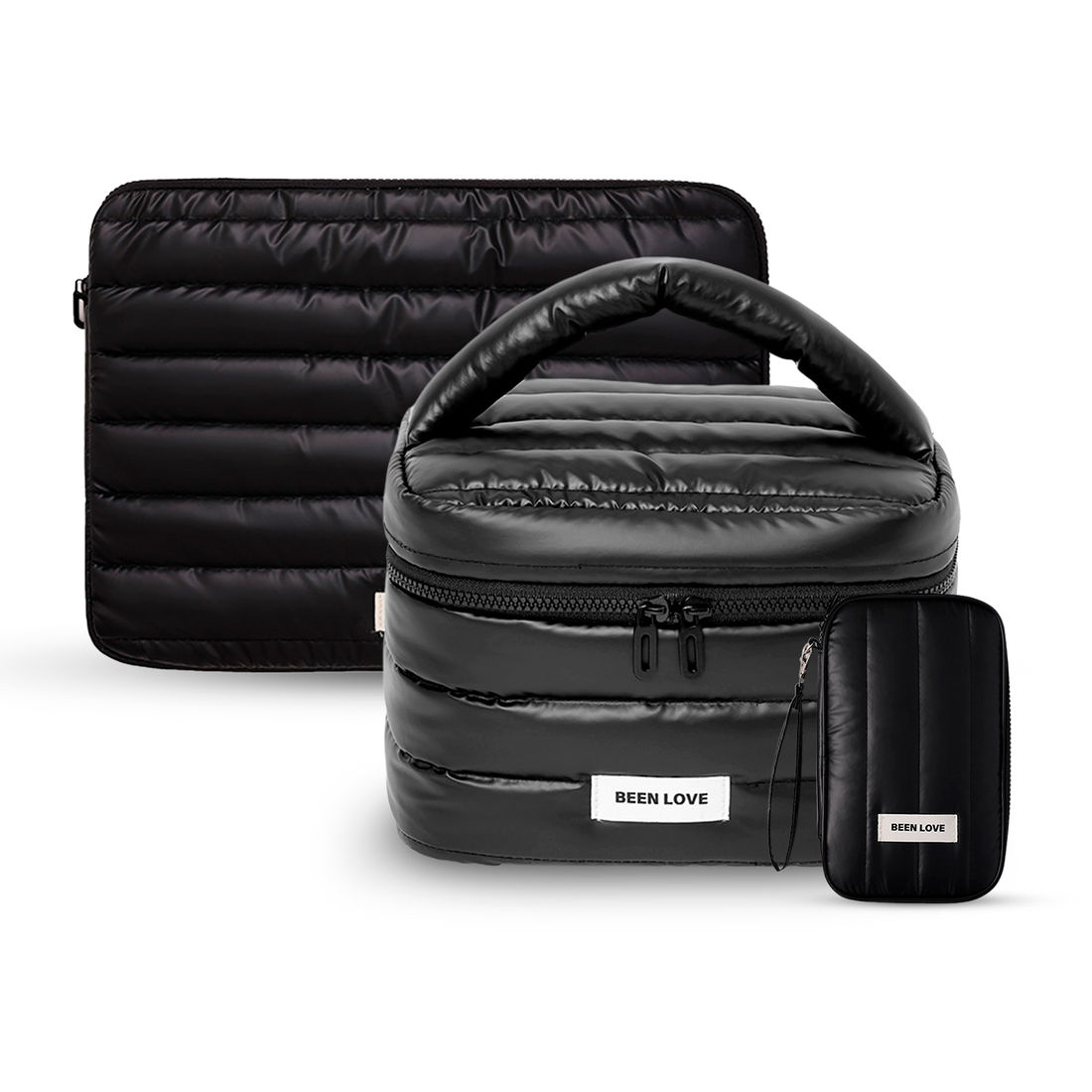 Kit de Acessórios Multifuncional com Necessaire, Porta Passaporte e Porta Notebook 14 Polegadas Puffer Maloa Preto