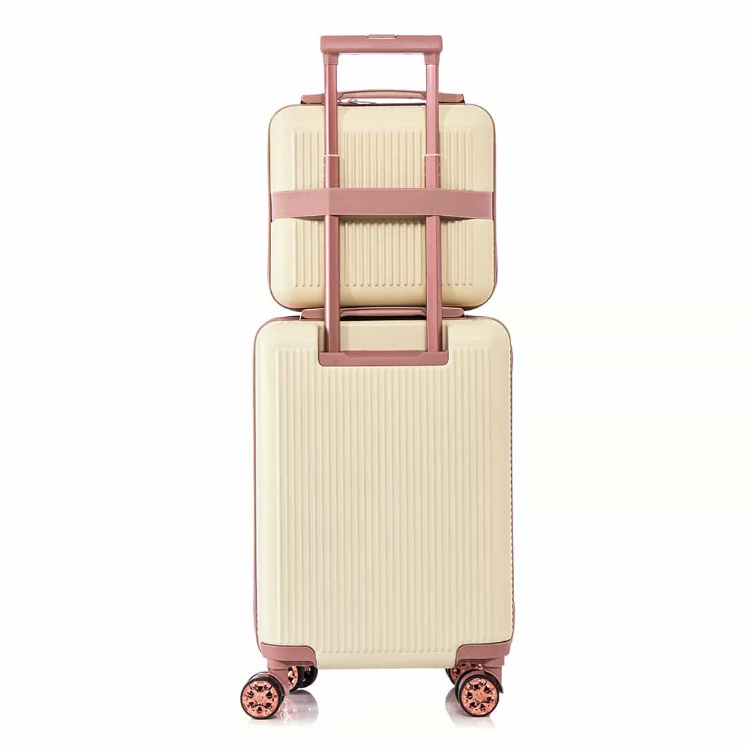 Kit de Mala Pequena de Bordo 10 kg Croácia  Bege, Porta Sapato Rosa, Kit Frasco 7 Peças Rosa e Tag Good Travel Rosa