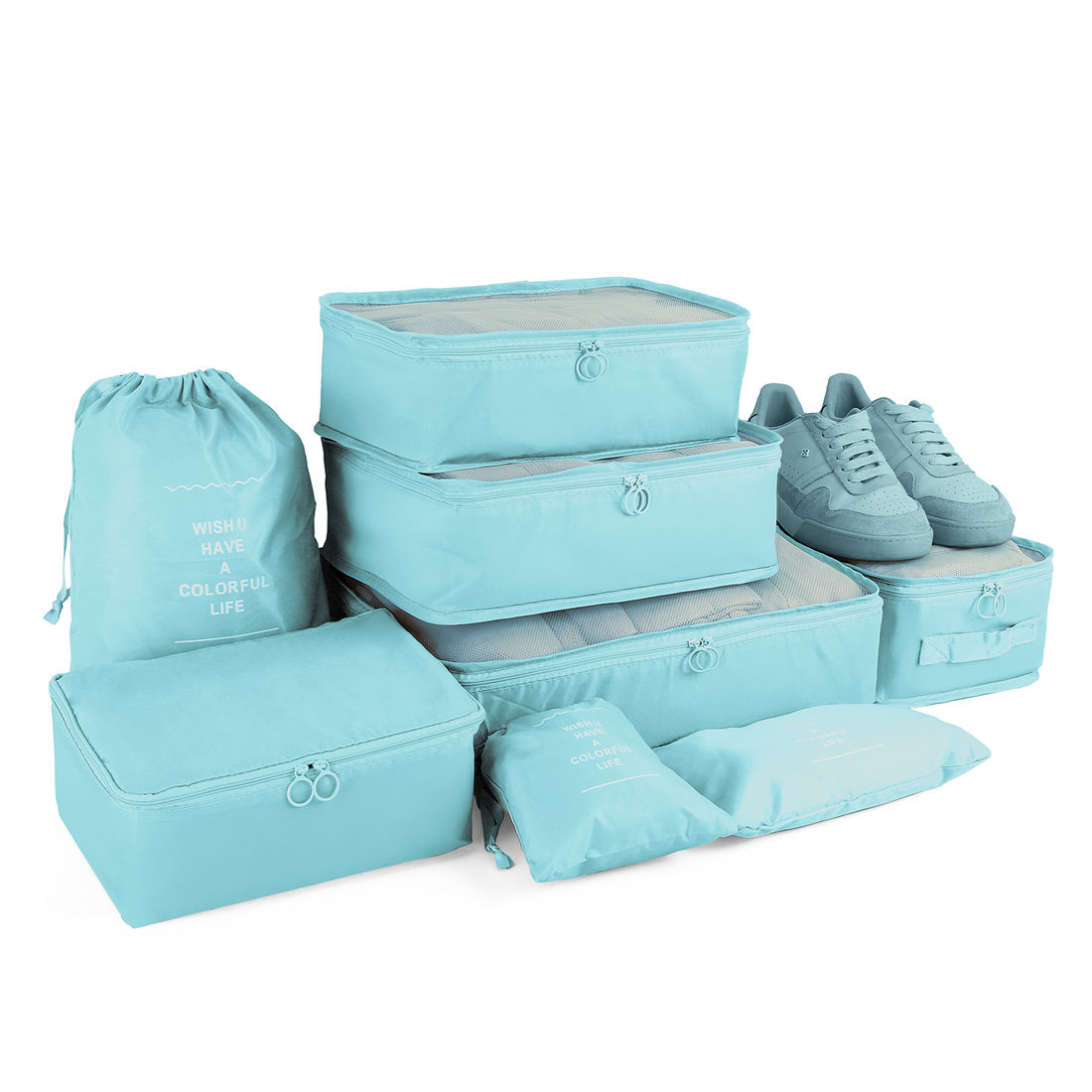 Kit de Mala Pequena de Bordo 10 kg Noruega Branco, Frasqueira Bali e Kit Organizador Colorful Life Acqua Kit de Mala Pequena de Bordo 10 kg Noruega Branco, Frasqueira Bali e Kit Organizador Colorful Life Acqua