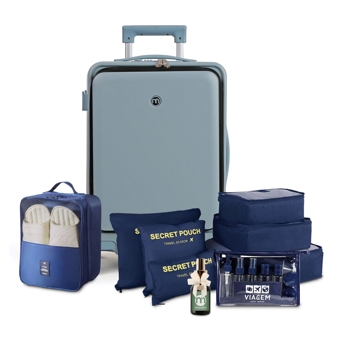 Kit de Mala Pequena de Bordo 10 kg Bélgica Azul, Kit Frascos 10 Pecas, Organizador Sapato, Organizador Laundry Pouch e Home Spray Aroma`loa Kit de Mala Pequena de Bordo 10 kg Bélgica Azul, Kit Frascos 10 Pecas, Organizador Sapato, Organizador Laundry Pouch e Home Spray Aroma`loa