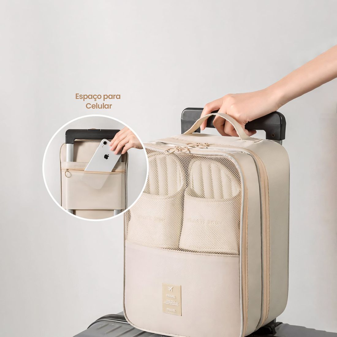 Kit de Malas de Viagem 10kg e 32 kg Amsterdam, Porta Sapato e Kit Organizador Bege
