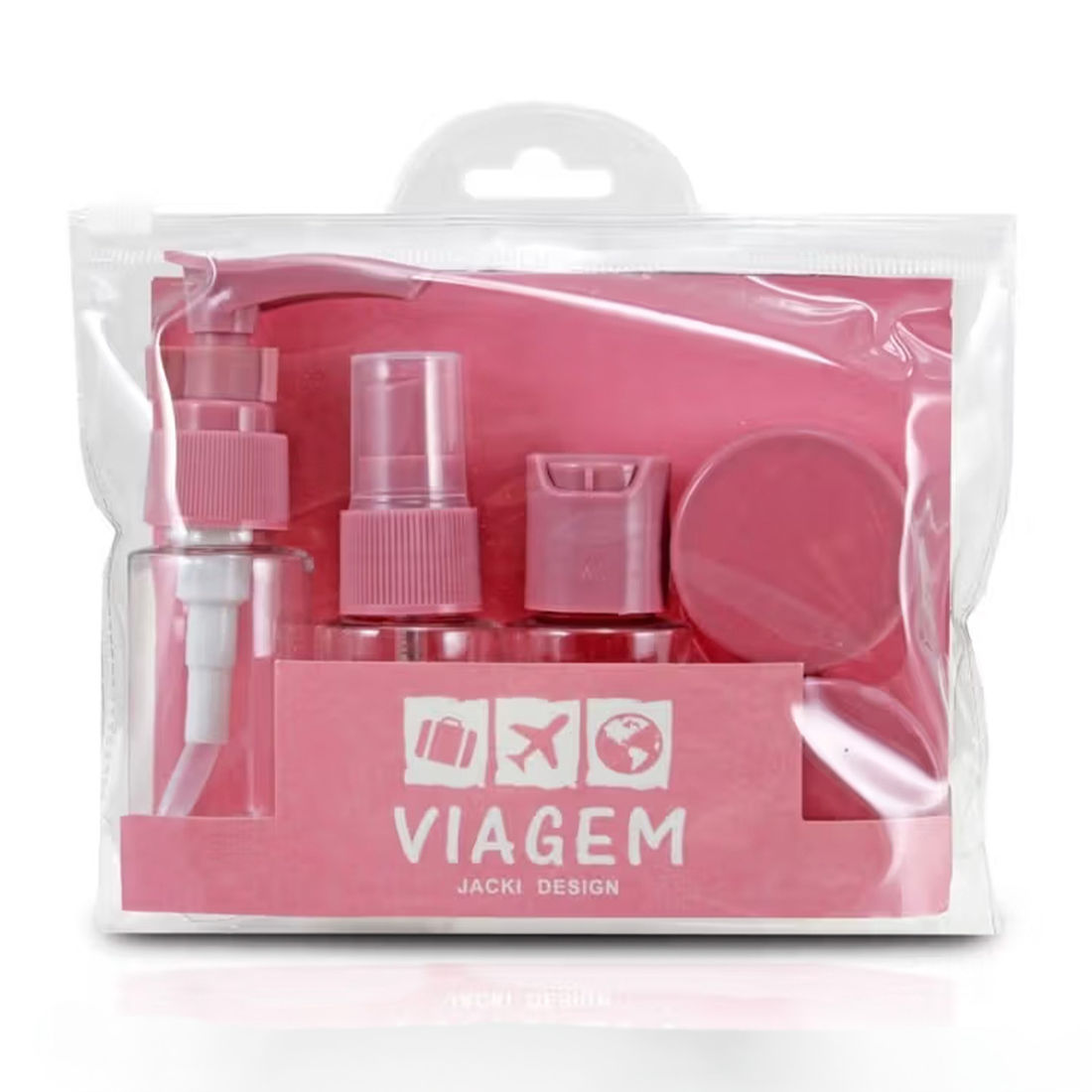 Kit de Mala Pequena de Bordo 10 kg Croácia  Bege, Porta Sapato Rosa, Kit Frasco 7 Peças Rosa e Tag Good Travel Rosa