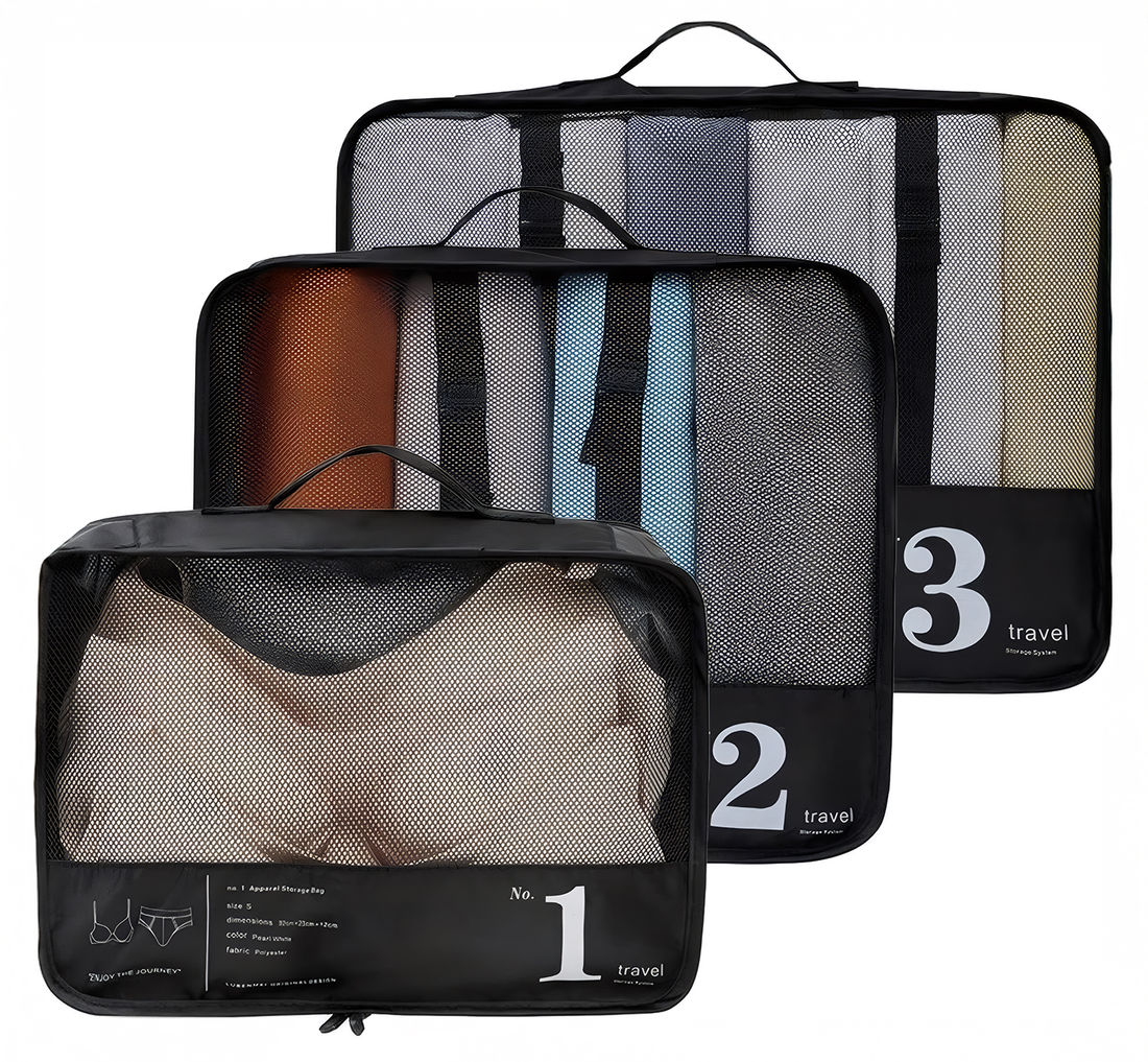 Kit de Mala Pequena de Bordo Brasil Preta e Branca com Tag Good Travel Preta e Branca e 2 Kits Organizadores Travel to Live