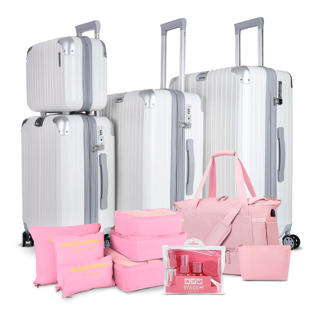 Kit Completo Brasil Branco, Kit Frasco 7 Pecas, Bolsa Journey e Kit Organizador Laundry Rosa