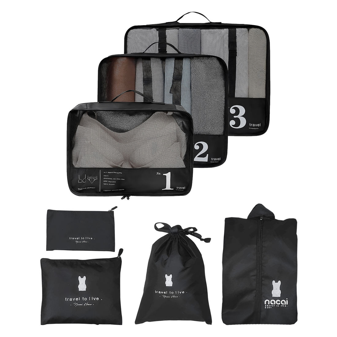 Kit de Mala Pequena de Bordo Brasil Preta e Prata, Tag de Couro Preta e Marrom e 2 Kits Organizadores Travel to Live