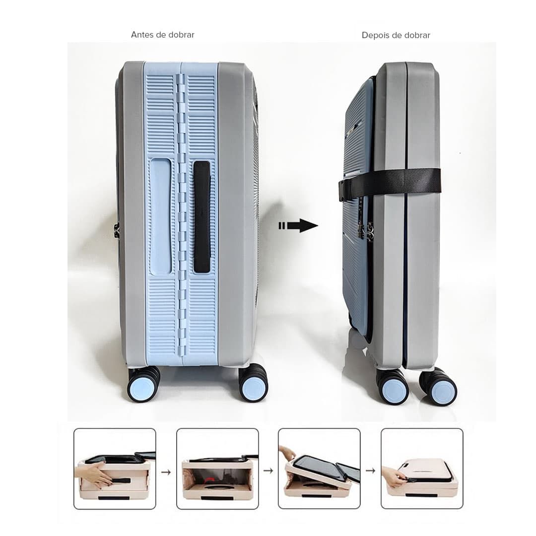 Mala de Viagem Pequena de Bordo 10Kg em Polipropileno 8 Rodas Dobravel Slim Cor:Azul com Cinza