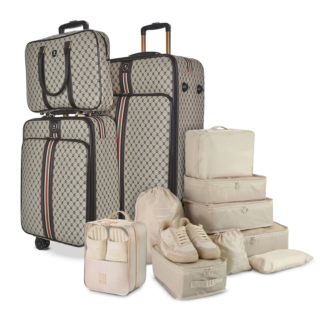 Kit de Malas de Viagem 10kg e 32 kg Amsterdam, Porta Sapato e Kit Organizador Bege