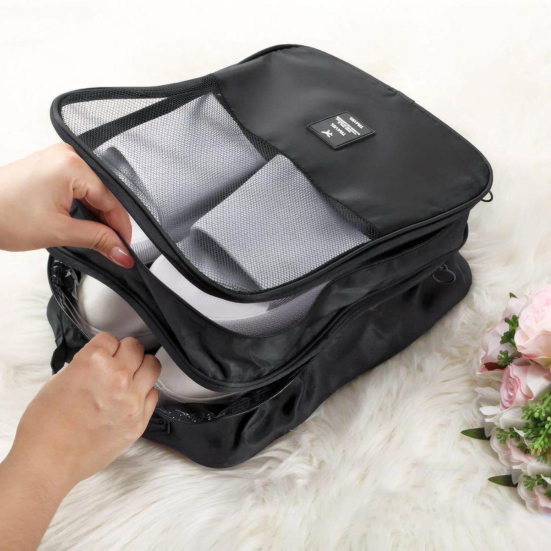 Kit de Mala Pequena de Bordo Suécia Preta e Prata, Organizador Porta Sapato Preto e Rosa com Tag Good Travel Preto e Rosa Kit de Mala Pequena de Bordo Suécia Preta e Prata, Organizador Porta Sapato Preto e Rosa com Tag Good Travel Preto e Rosa