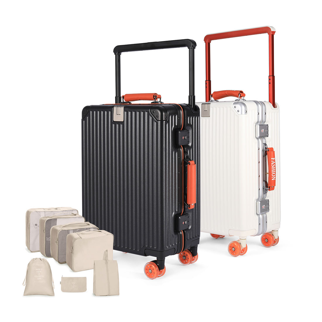 Kit Malas de Bordo 10kg Veneza Maloa Branco e Preto em Policarbonato com Kit Organizador 7 Peças Bege