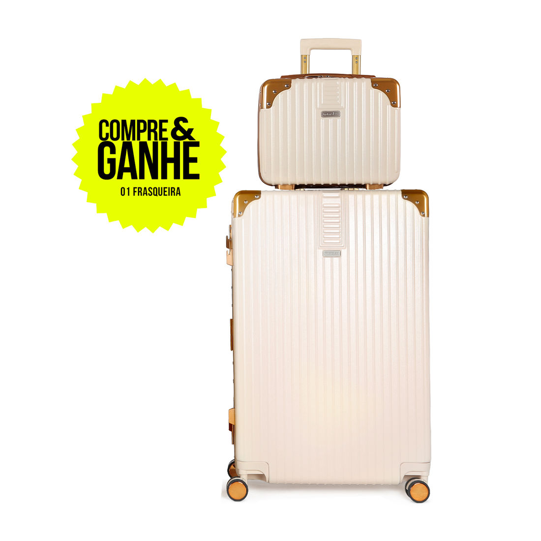 Compre Mala de Viagem Toronto Bege Grande 32kg em ABS Policarbonato e Ganhe Frasqueira