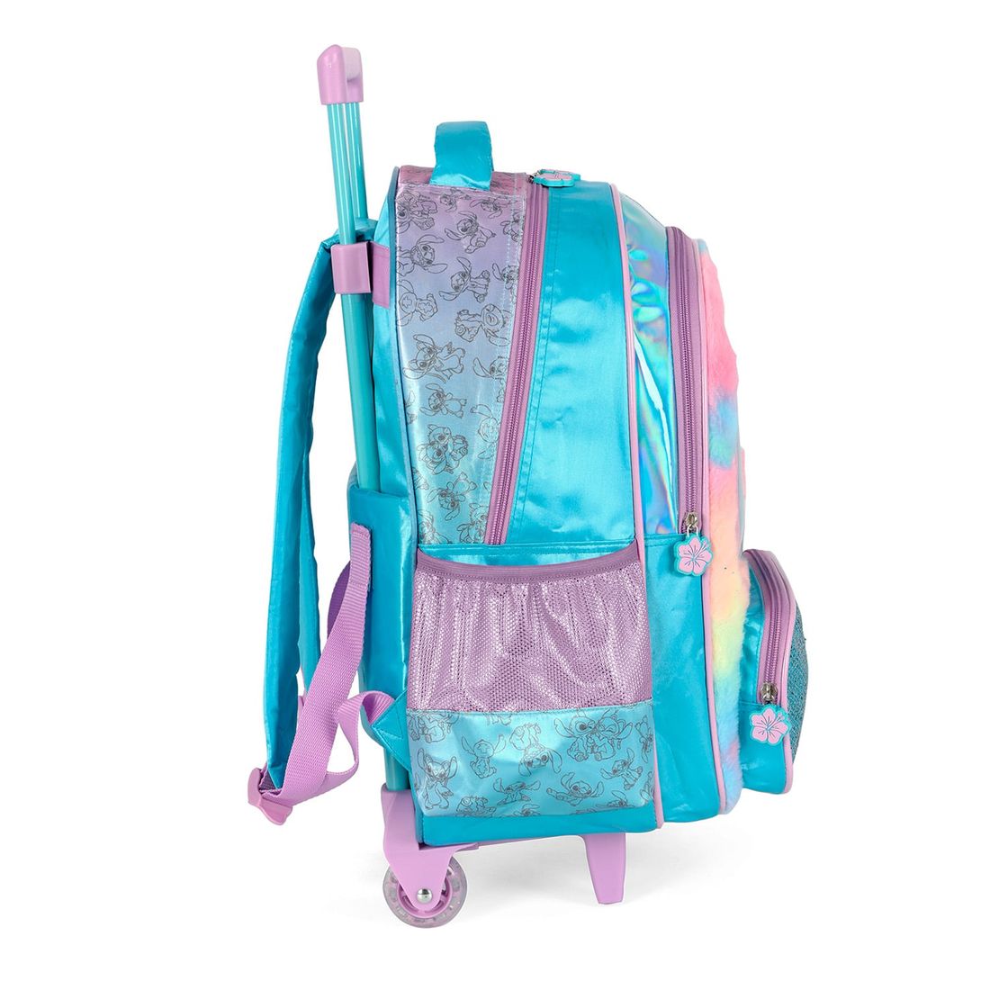 Mochila com Rodinhas Escolar Infanti Stitch Happy em Plush com Glitter Azul