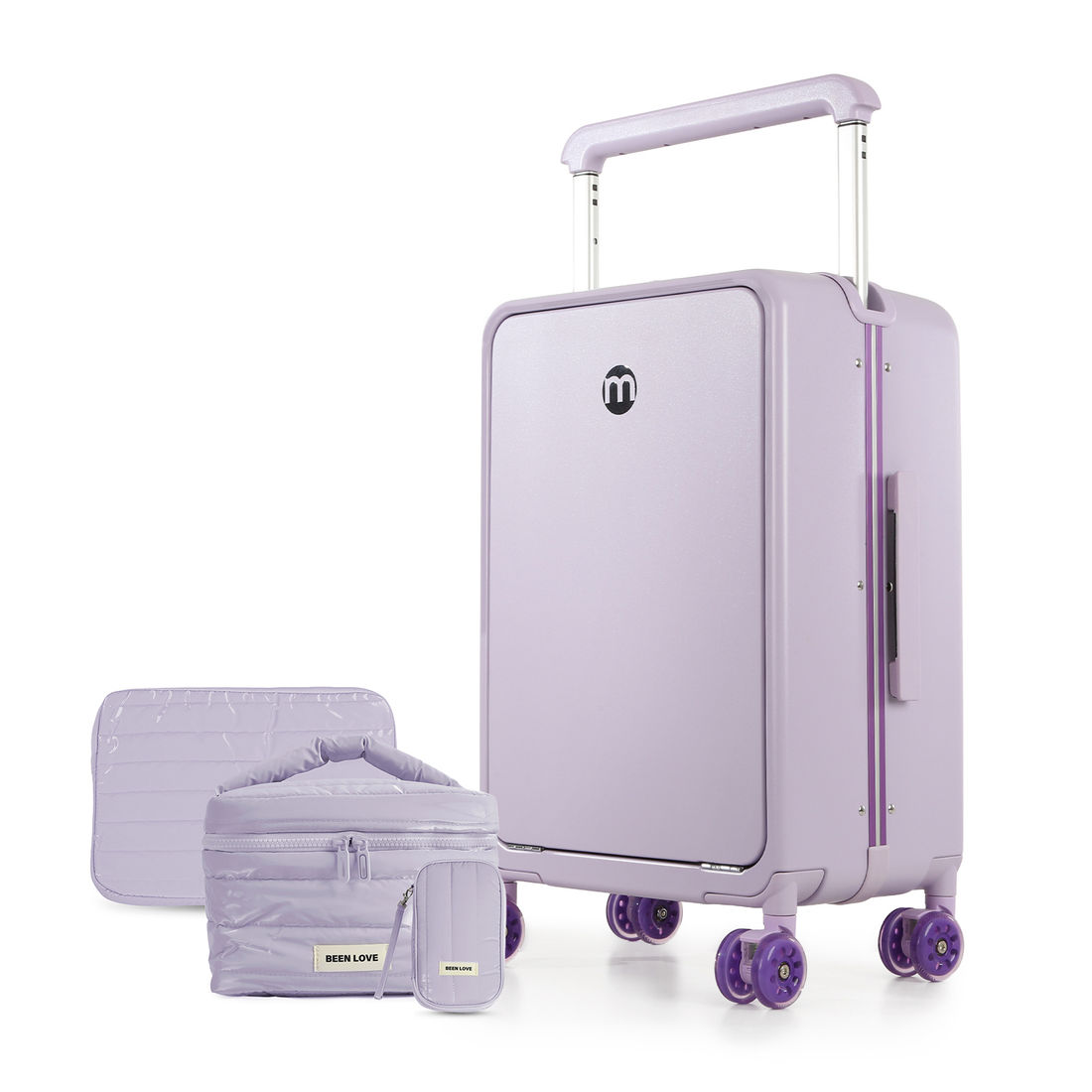 Kit Mala de Viagem Pequena 10kg Chicago Lilás e Kit Multifuncional Puffer com Porta Notebook, Porta Passaporte e Necessaire