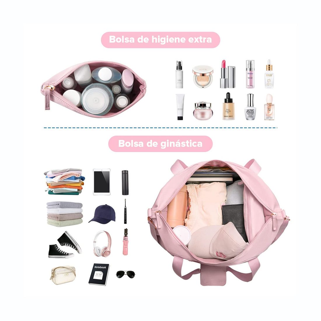 Kit Completo Brasil Branco, Kit Frasco 7 Pecas, Bolsa Journey e Kit Organizador Laundry Rosa