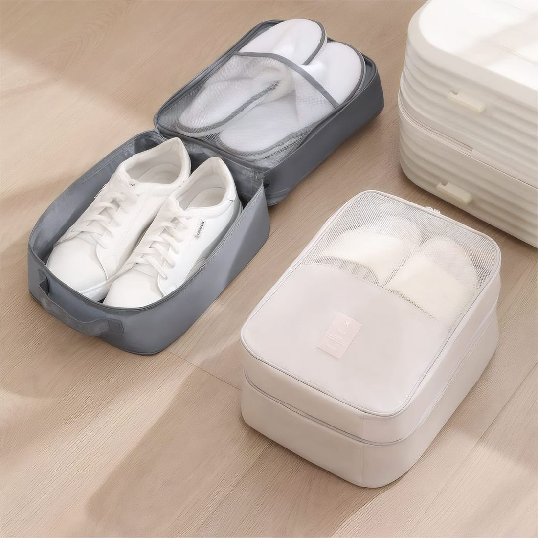 Kit de Mala Pequena de Bordo 10 kg Suécia Branco, Frasqueira Bali, Organizador Porta Sapato e Kit Frascos 7 Pcs Cinza