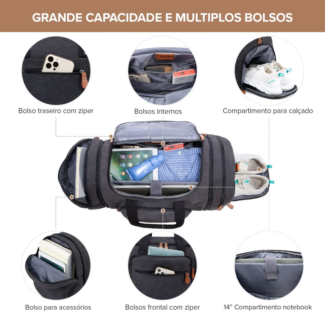 Bolsa de Viagem com Expansor Canvas Duffel Bags Chumbo Bolsa de Viagem com Expansor Canvas Duffel Bags Chumbo