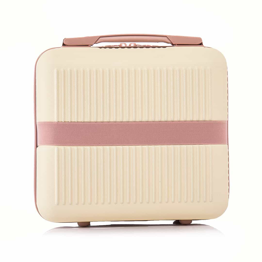 Kit de Mala Pequena de Bordo 10 kg Croácia  Bege, Porta Sapato Rosa, Kit Frasco 7 Peças Rosa e Tag Good Travel Rosa