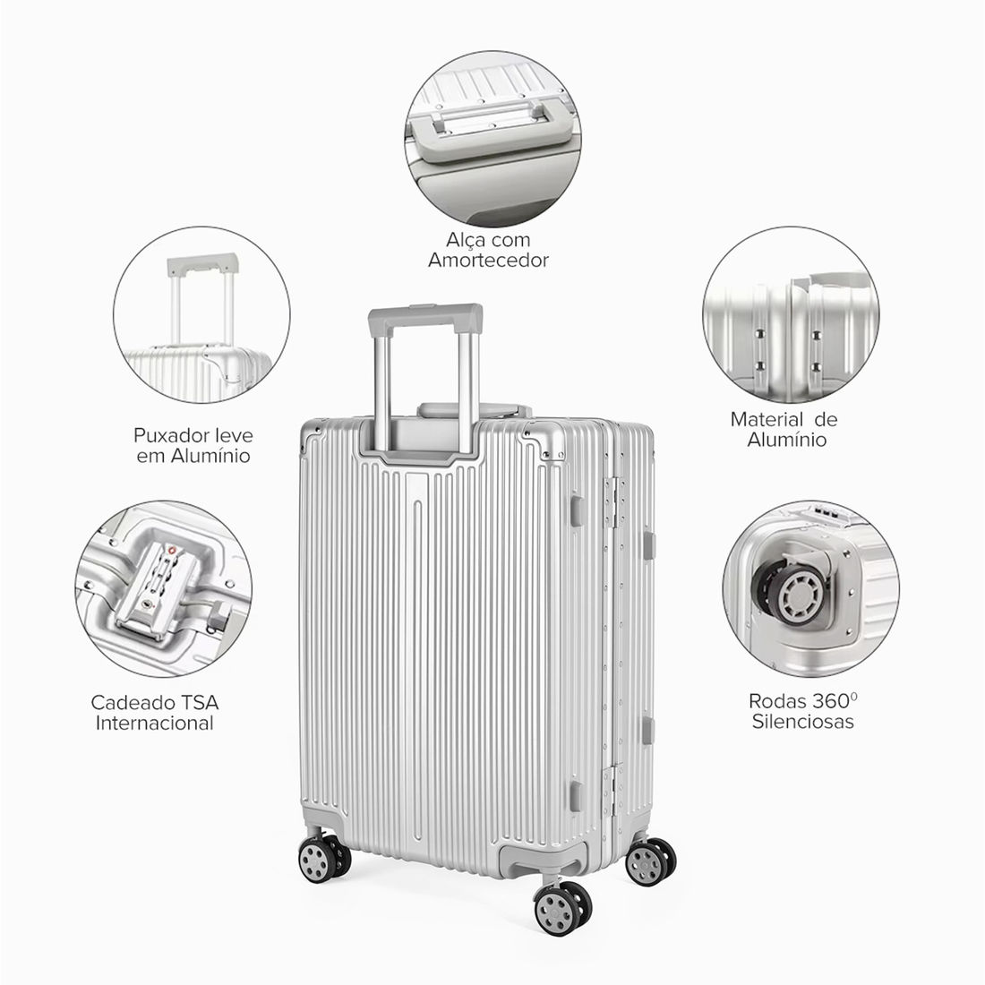 Conjunto Mala de Viagem Grande 32kg Policarbonato ABS Noruega Maloa Prata Conjunto Mala de Viagem Grande 32kg Policarbonato ABS Noruega Maloa Prata