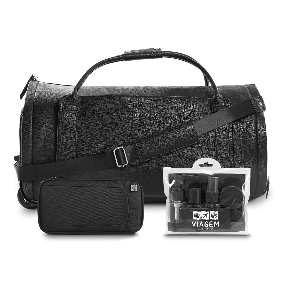Kit Bolsa de Viagem 9 em 1 Preto, Kit Frasco 7 Pecas Preto e Nécessaire Porta Eletrônicos