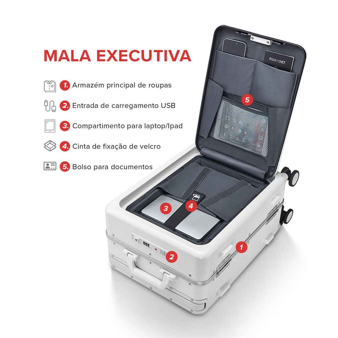 Mala de Viagem Pequena de Bordo 10 kg em Policarbonato Berlim Maloa Branco